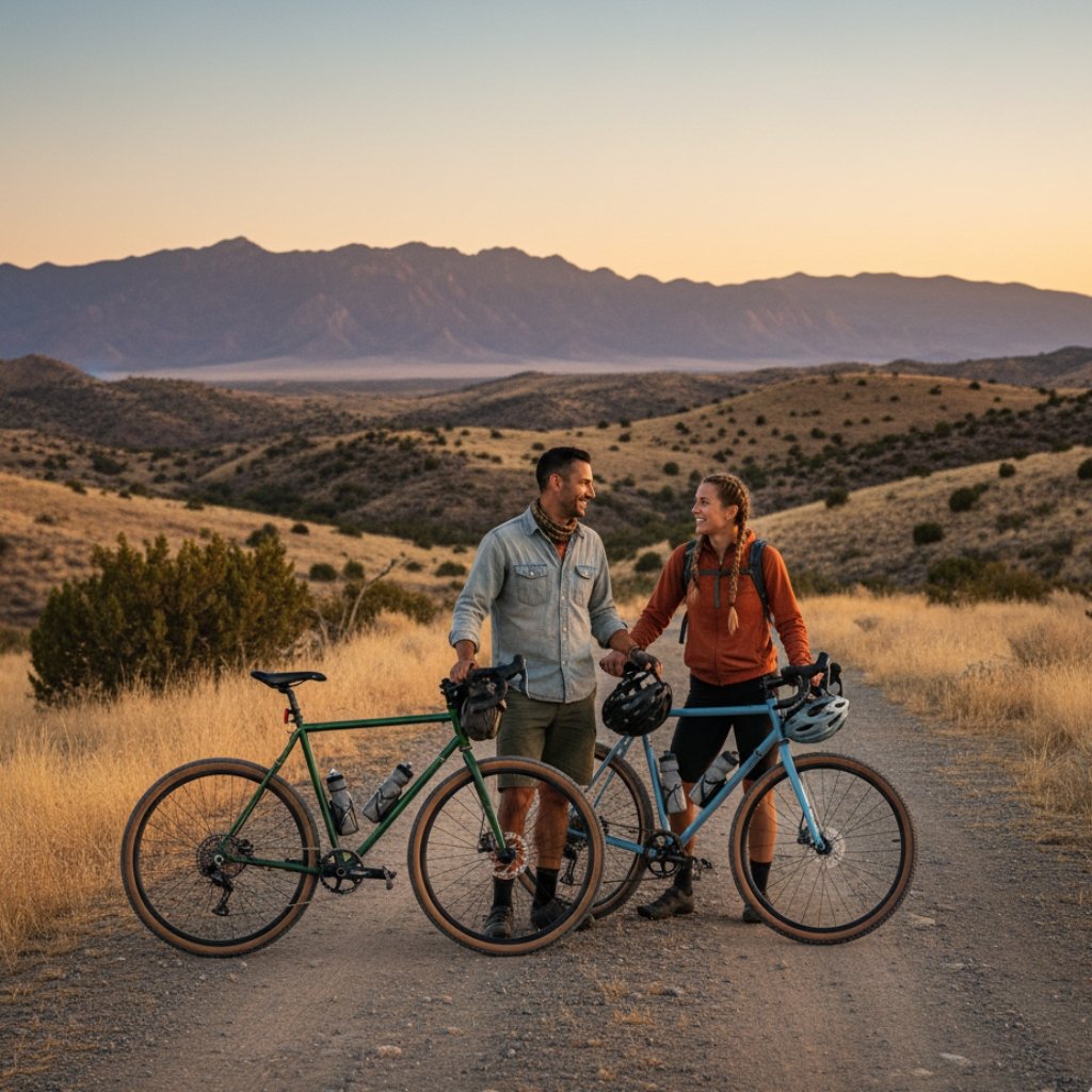 Ein Paar – Mann und Frau – macht mit seinen Gravelbikes der 2026 Kollektion eine Pause auf einem Feldweg bei Sonnenuntergang