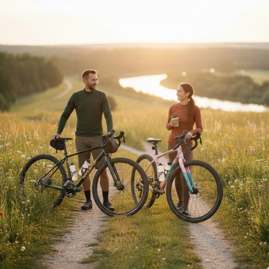 Mann steht mit einem grünen Herren Gravelbike der 2026 Kollektion auf einem Schotterweg in einer hügeligen Landschaft bei Sonnenuntergang